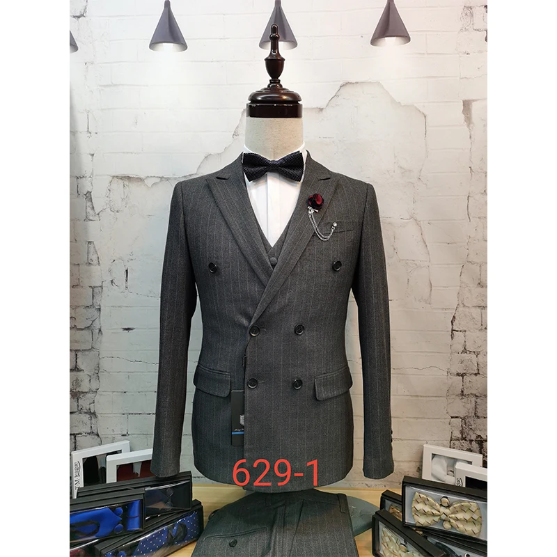 

Dark Grey Chalk Striped Suit Set Men's Wedding Suit Men's Classic Gentleman Simple Suit Set Three-piece Banquet Party Mens Dress