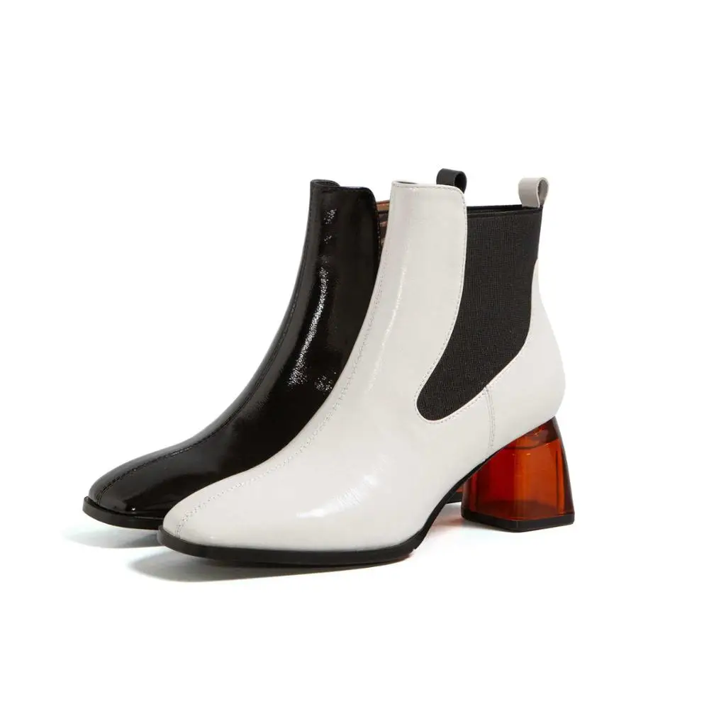 

Krazing pot vintage fashion boots real cow leather leopard square toe thick high heel slip on elegant lady star ankle boots L49