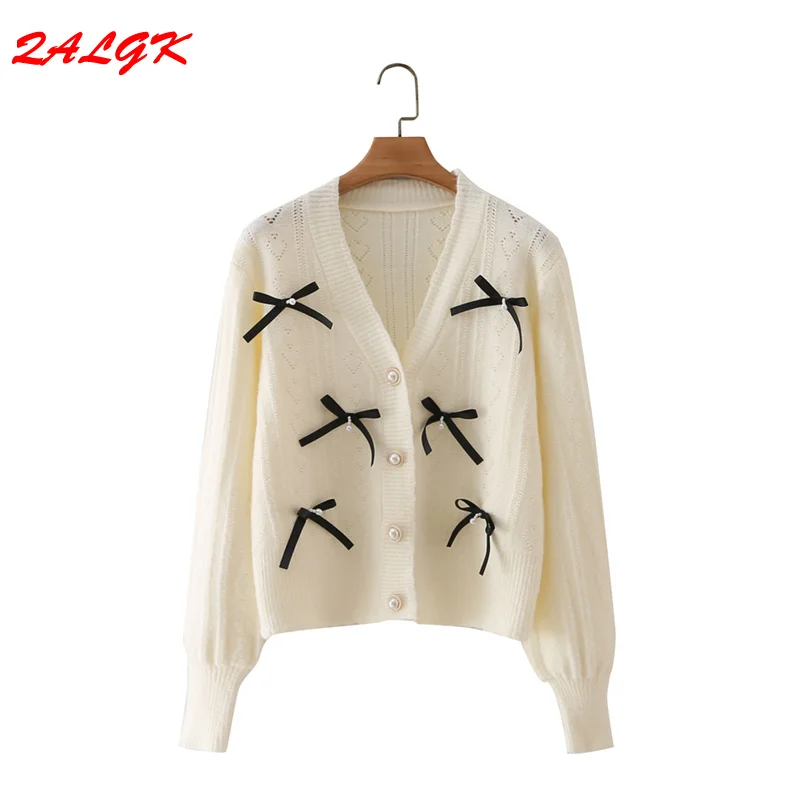 

Sweater Coat Knit Women 2021 Autumn and Winter New Korean Version of The Bowknot Single-breasted Short Cardigan Elegant Clothes