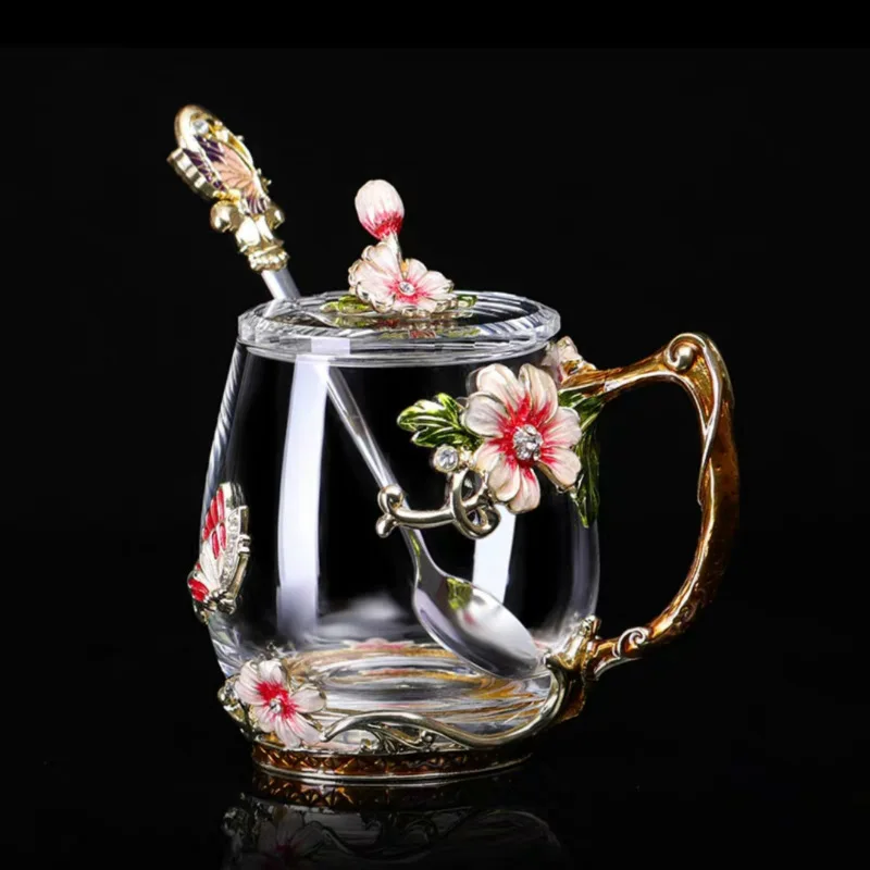 1cup1spoon1Lid Red Красота и Новинка эмалированная кофейная чашка кружка цветочный чай стеклянные чашки для горячих и холодных напитков чайная чашка ложка Набор идеальный свадебный подарок - Цвет: 1cup1spoon1Lid Red