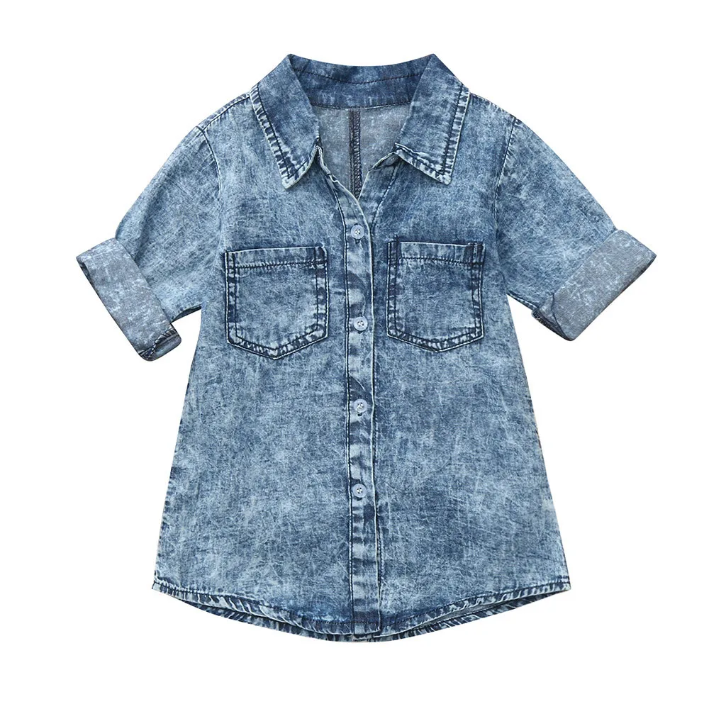 New 2019 Fashion Toddler Baby Girls Long Sleeve Solid Denim Shirt Dress Jean Dresses Mother &amp Kids Casual Party | Детская одежда и