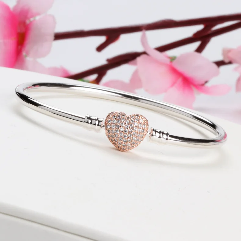 

Genuine 925 Sterling Silver Inlaid Heart-shaped Buckle Bracelet Fashion Hot Full Diamond Versatile Rose Gold Heart Button Bangle
