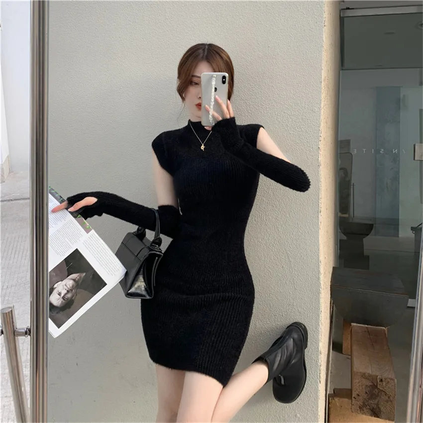 

Korean Style Knit Sweater Dress Women Long Sleeve Sexy Bodycon Dress Short Autumn Winter Knitted Dresses Fashion Robe Femme