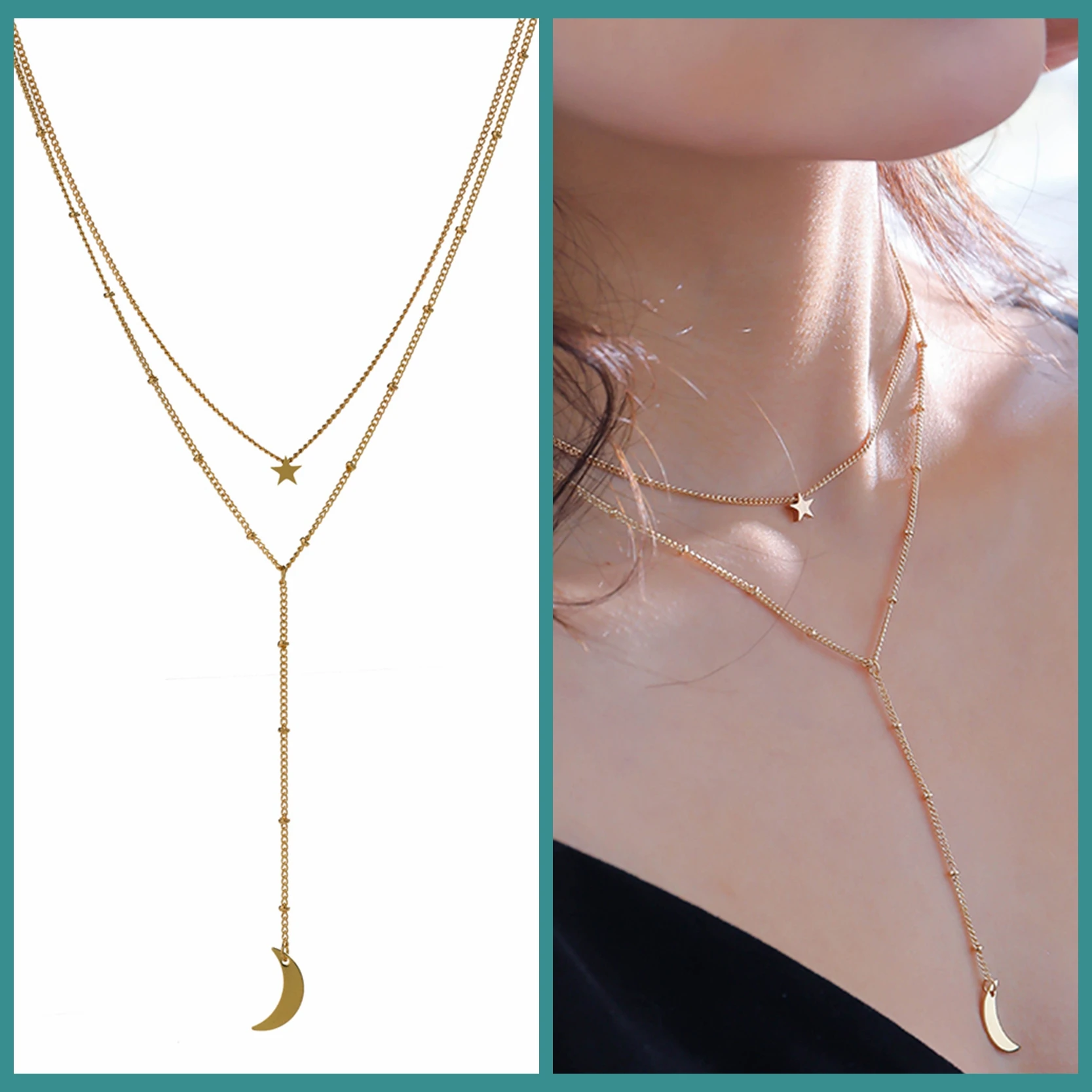 Женское многослойное ожерелье KCALOE с Луной и звездой в стиле ретро из золотистого