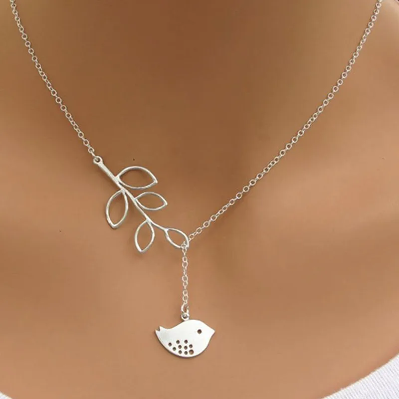 hot fashion casual personality brand leaf bird lariat necklaces pendants bar simple leaf bird choker necklaces for women free global shipping