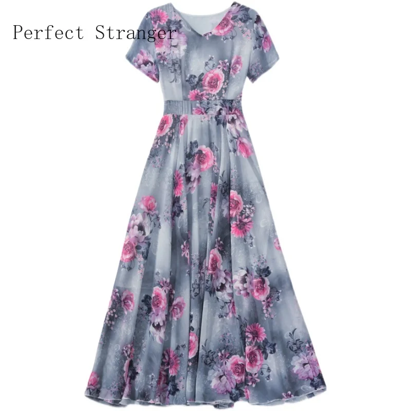 

High Quality 2021 Summer Dress For Women V Collar Floral Printed Short Sleeve Women Chiffon Long Dress