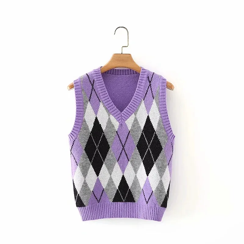 

Knitted sweater women argyle sweater vintage sleeveless pullover korean v neck sweater vest plaid fall 2020 women tops purple