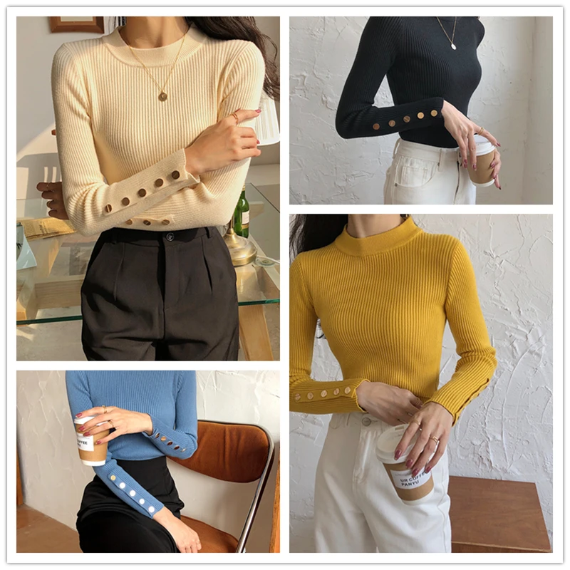 

FMFSSOM Spring Warm Basic WomenTight Sweaters O-neck Vertical Stripes Buttons Solid Casual Knitting Tops Female Pullovers