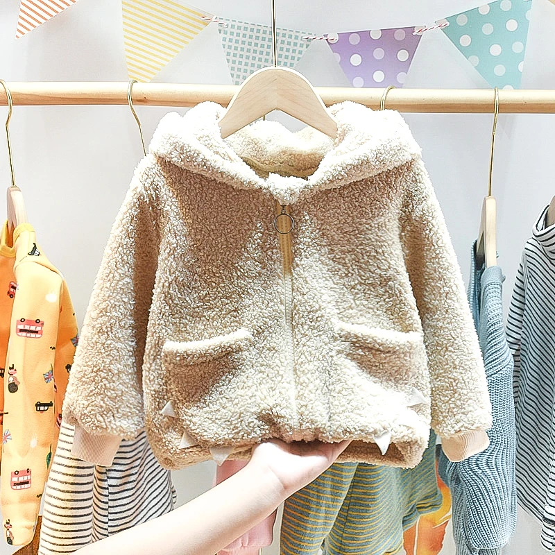 

New Boys and Girls Winter Coats Plush Solid Color Single Zipper Pocket Cotton Khaki Children Clothes