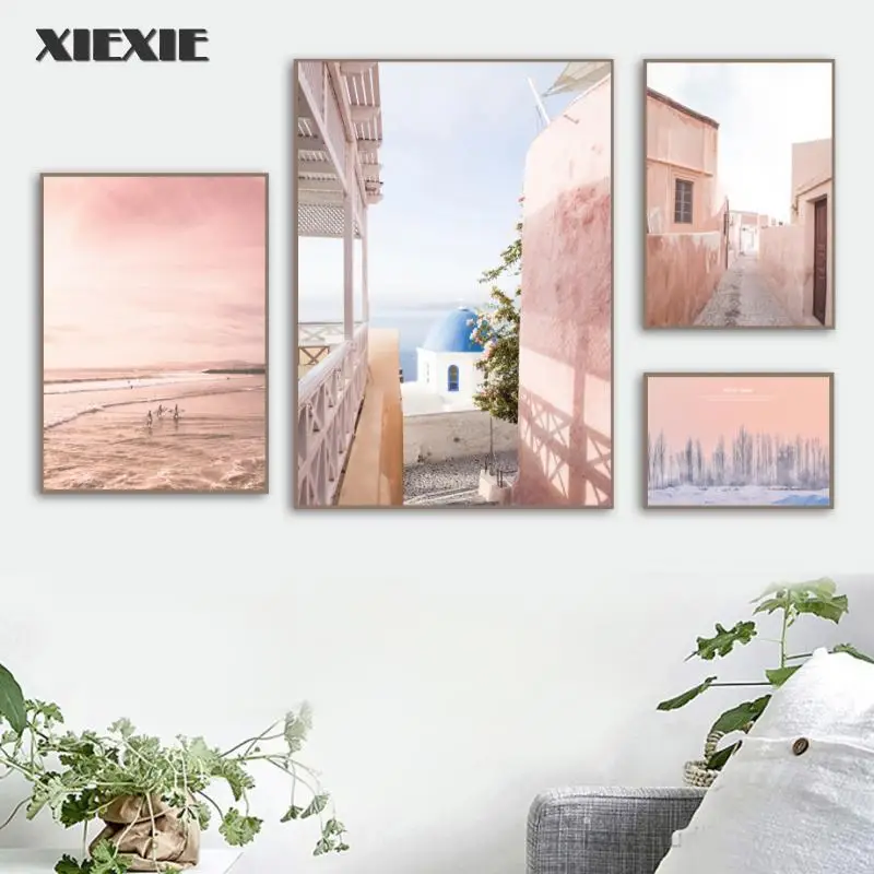 

Landscape Pink Sky House Ferris Wheel Forest Canvas Painting Wall Art Nordic Posters and Prints Wall Pictures for Living Room