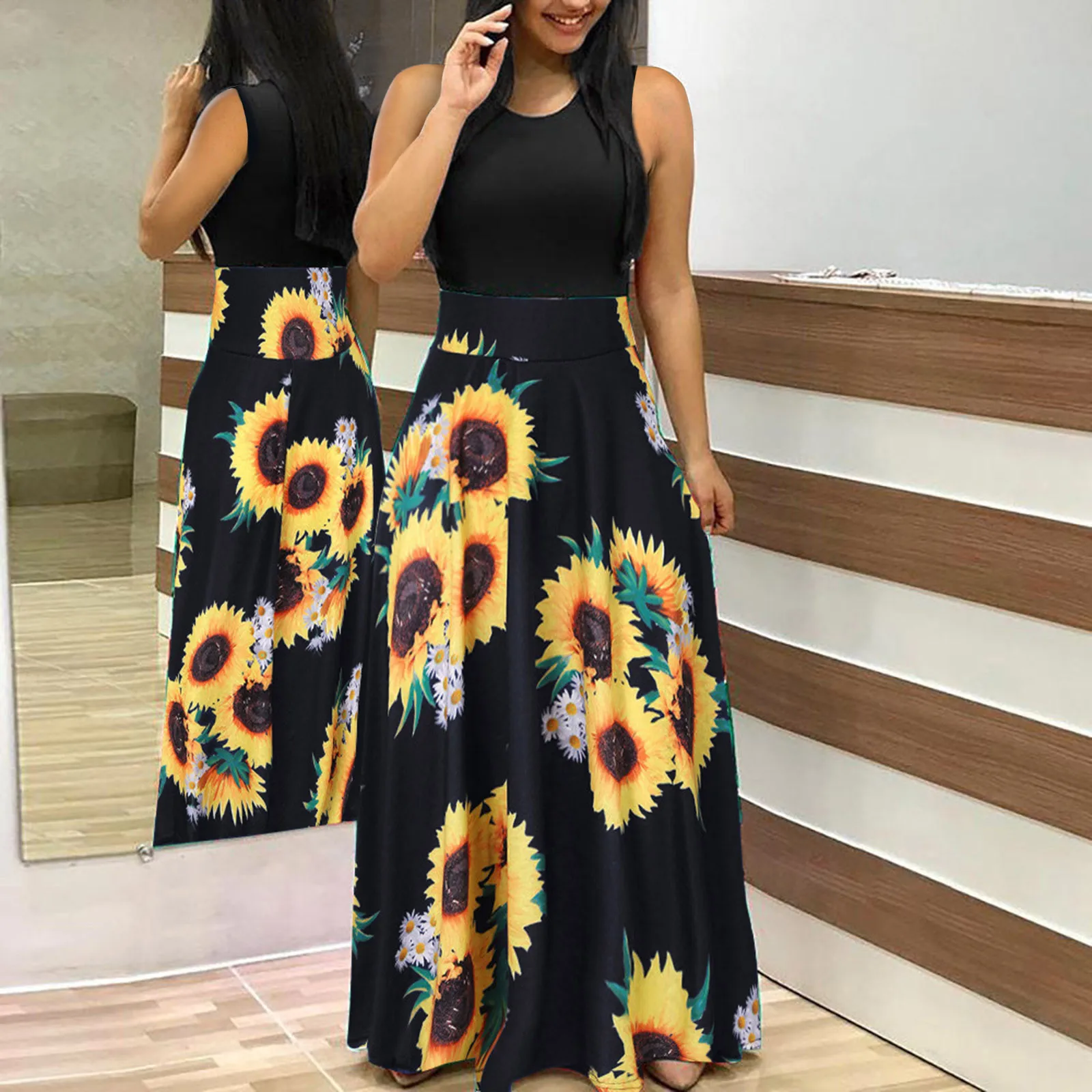 Платье женское длинное с принтом подсолнухов винтажный свободный сарафан без