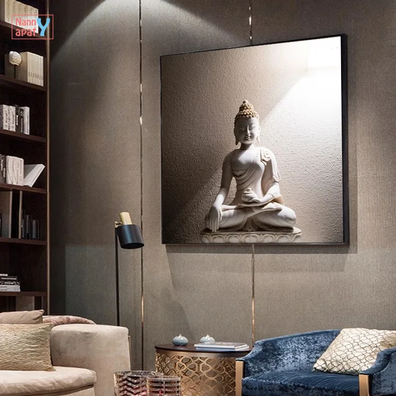 

White Buddha Zen Canvas Painting Carved Statue Buddhism Posters and Prints Wall Art Pictures For Living Room Home Decoration