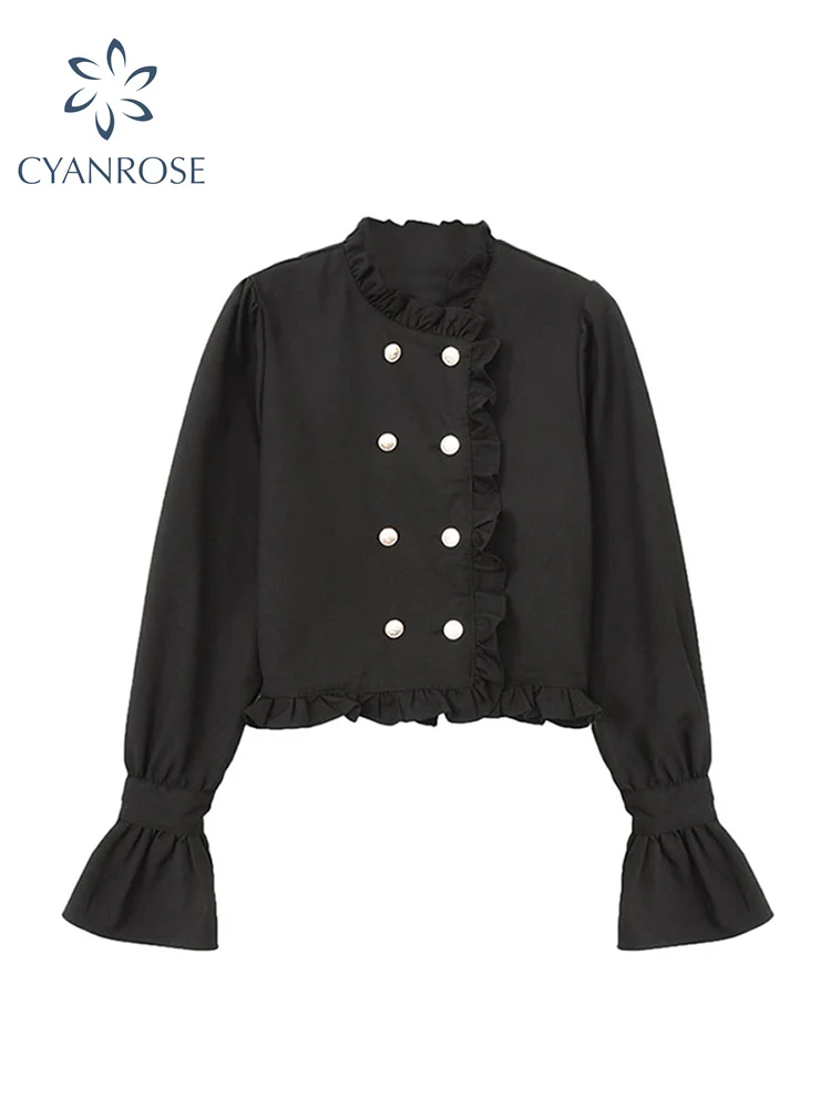 

2022 Spring Women Blouses Double Breasted Office Ladies Loose Trendy Sweet Vintage Elegant Casual Shirts Long Sleeve O-Neck Top