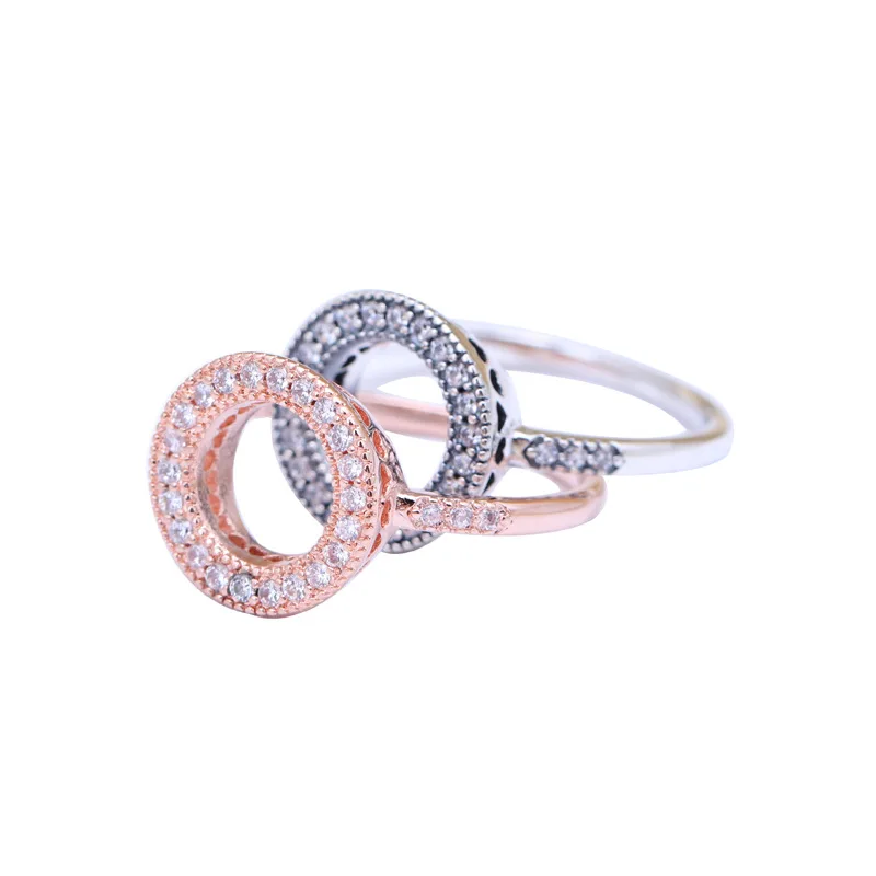 

Original 925 Sterling Silver pan Ring Shine Gold Hearts Of Halo Rings For Women Wedding Party Gift Fine Jewelry