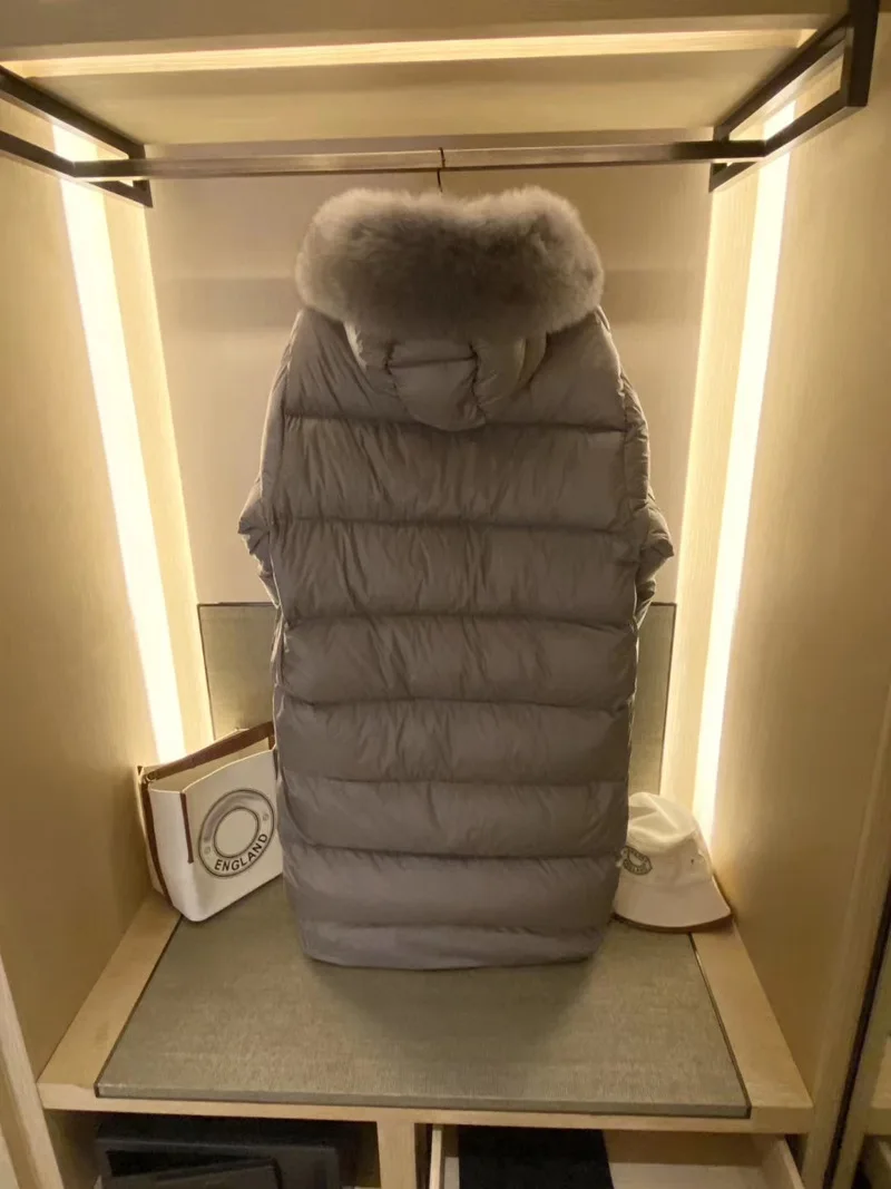 New Winter Down Jacket Women's Long Fox Fur Collar Hooded Over-the-knee Jacket