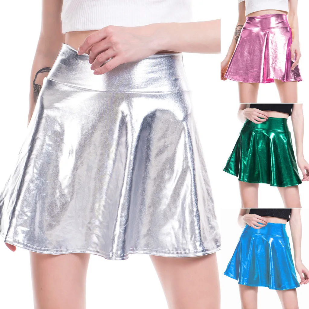 

Summer Sexy Laser High Waist Mini Leather Skirt Club Party Dance Shiny Holographic Skirts Harajuku Metallic Pleated Skirts #YJ