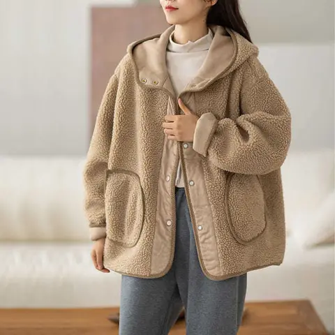 Новое осенне-зимнее Модное теплое двухстороннее шерстяное пальто, Повседневная флисовая хлопковая куртка с капюшоном, женская одежда, Тренч JH496