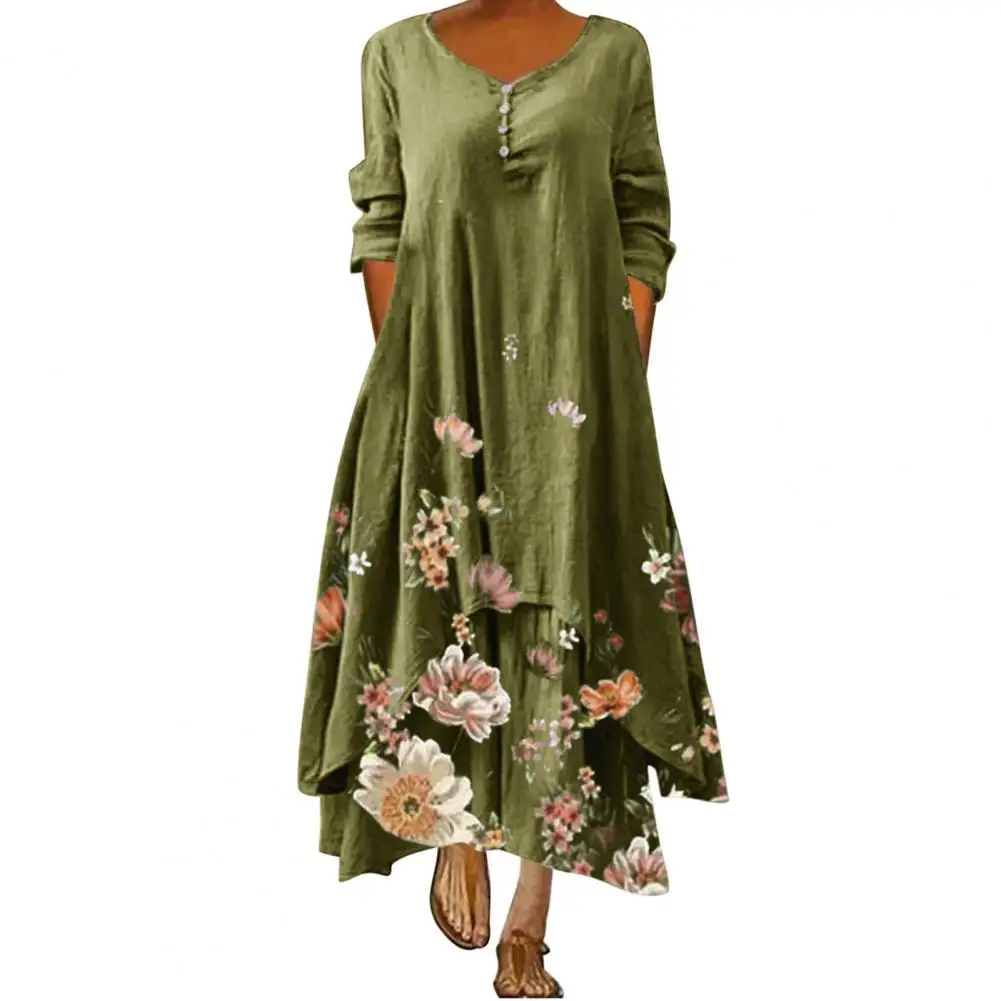 

Women's Dress Floral Printed Buttons Summer V Neck Long Sleeve Dress for Party Ladies Vintage Maxi Dresses Sundress Plus Size