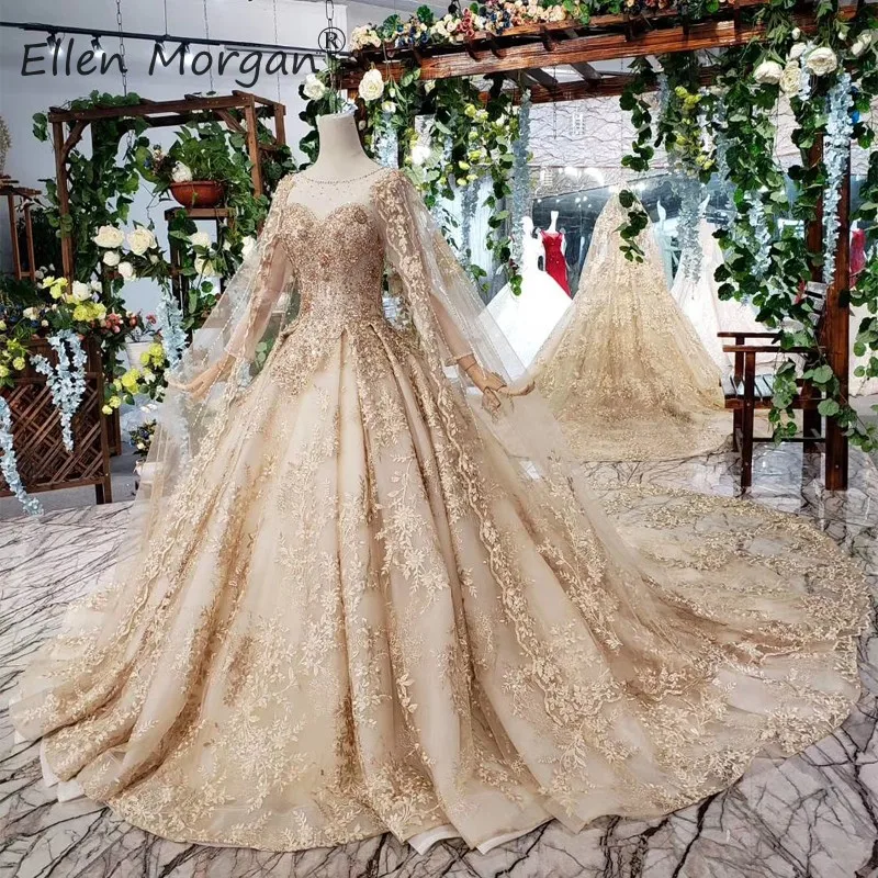 Золотые кружевные свадебные платья из Саудовской Аравии с длинными рукавами