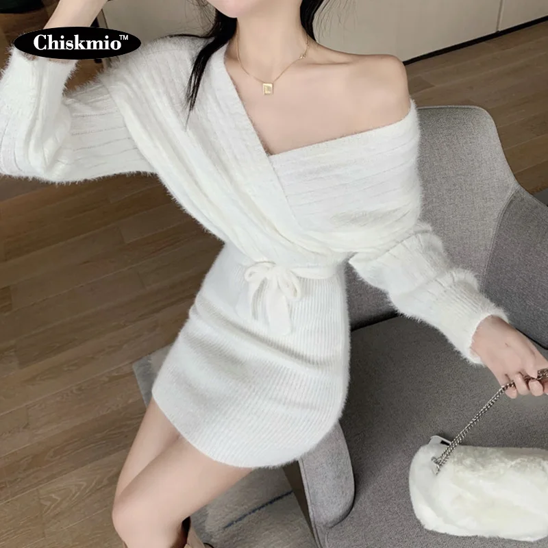 

Sexy V-neck Knitted White Dress Party Elegant Sashes Lace-up Mini Slim Dresses Nightclub Night Knitting Bodycon Dress Robes