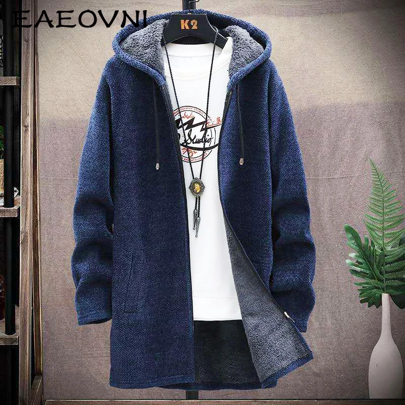 EAEOVNI Winter Long Cardigan Sweater Men Fleece Winter Jacket Men's Slim Sweaters Hooded Sweater Thick Warm Coat Mens Clothing