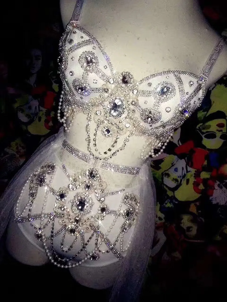 Сверкающими пайетками стразы бикини костюм из трех предметов Mesh Gauze/украшения