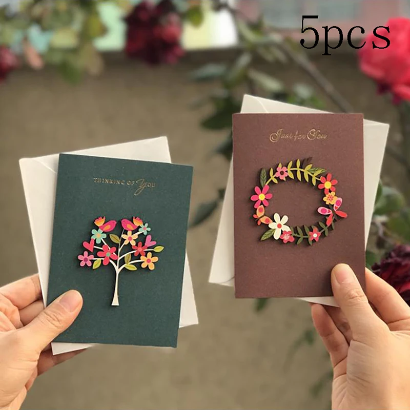 5pcs 3D Kraft Paper Invitation Greeting Card Handmade DIY Wood Carving Flower Patch Valentines Day Wedding Party | Канцтовары для