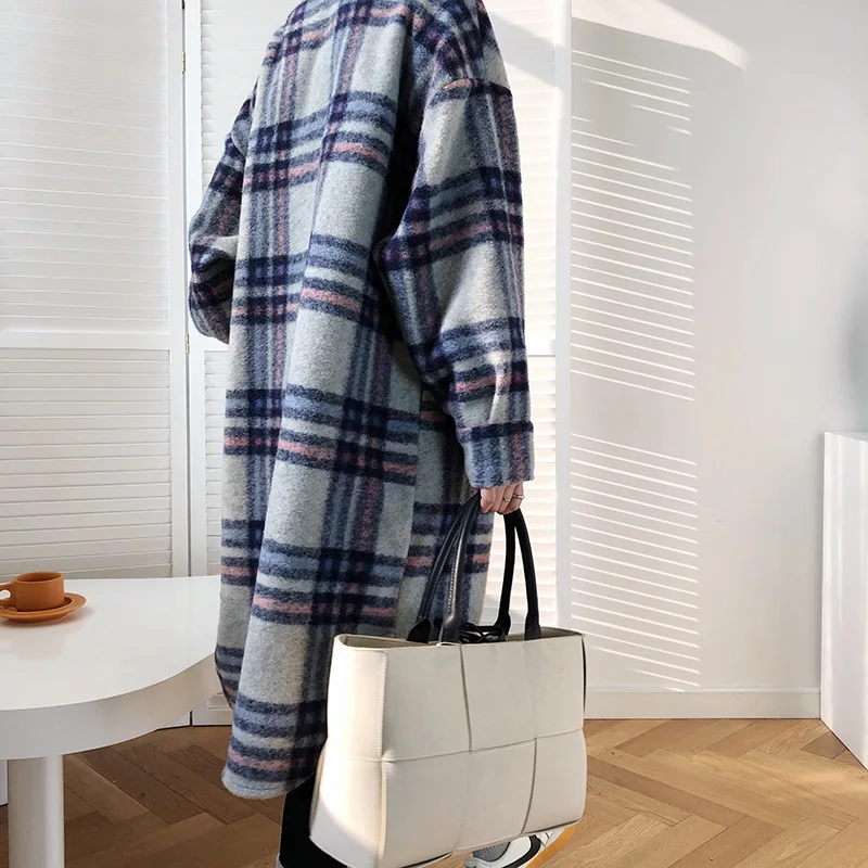 

Retro Profile Plaid Woolen Coat Women's Autumn Winter Korean Long Sleeve Thickened Long Warm Blend Coat