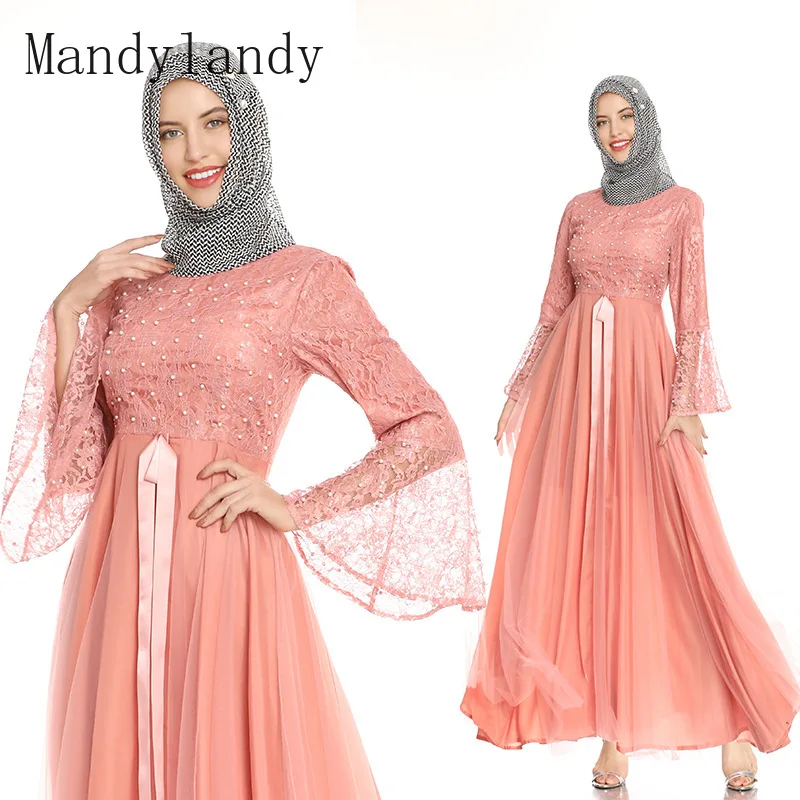 

Mandylandy Muslim Lace Stitching Dress Women's Casual High Waist Flared Sleeves Solid Color Slim O-Neck Dress