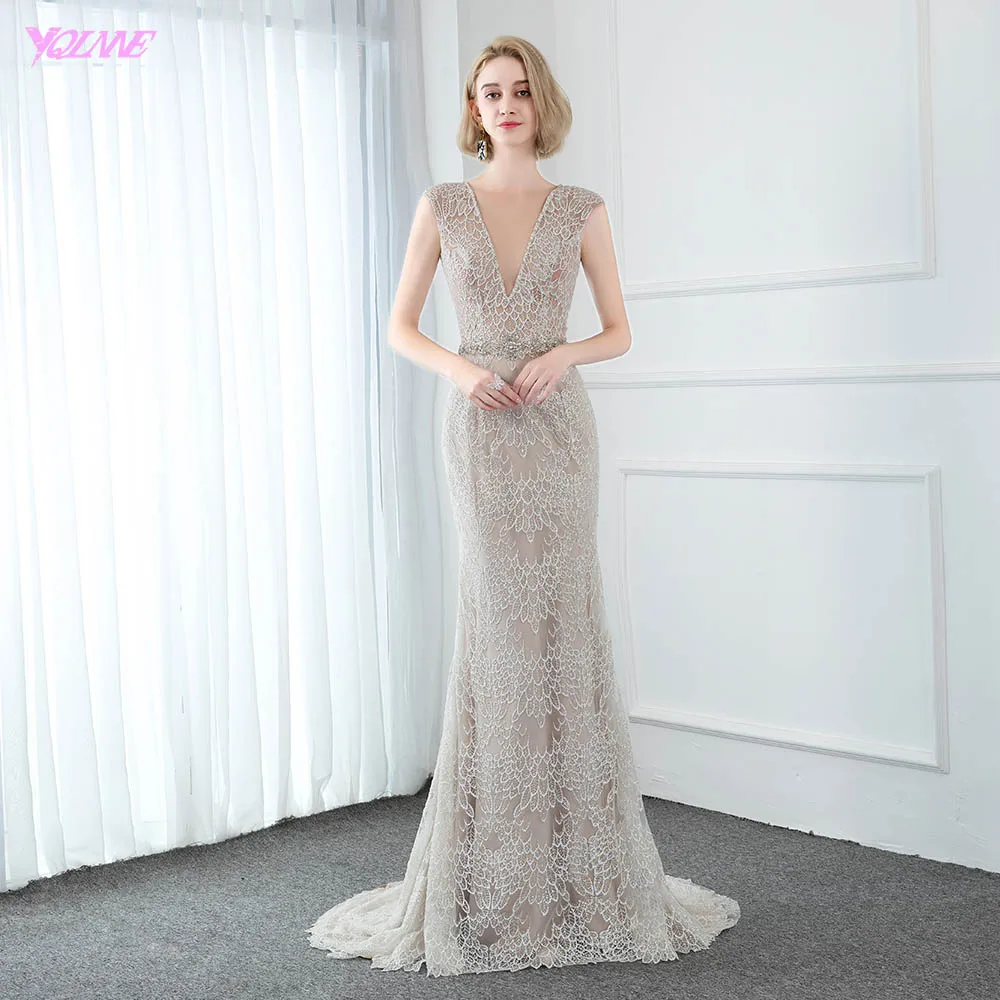 Свадебное платье Русалка YQLNNE с глубоким V образным вырезом кружевное свадебное