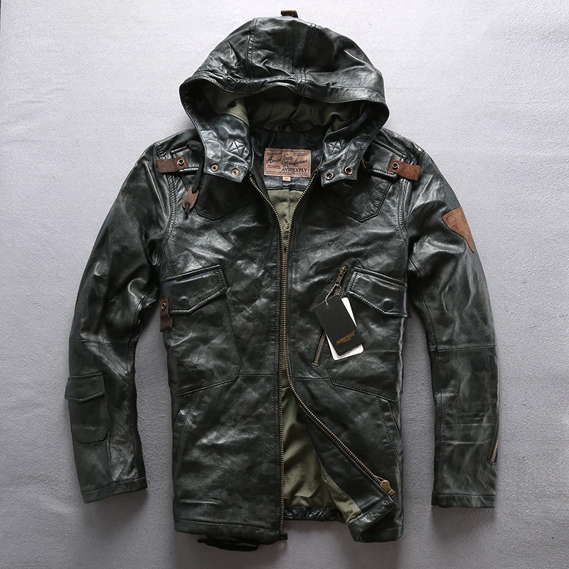 

2020 Men Brown Frosted Hooded Genuine Leather Jacket Fashion AVFLY Brand Long Flight Jackets Real Sheeskin Biker Jacket Coats