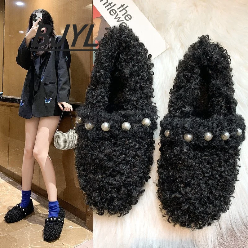 

Wool Shoes Women's Winter Wear 2021 New Women's Shoes All-match Sheepskin Curling Flat Shoes Plus Velvet Foot Peas Shoes