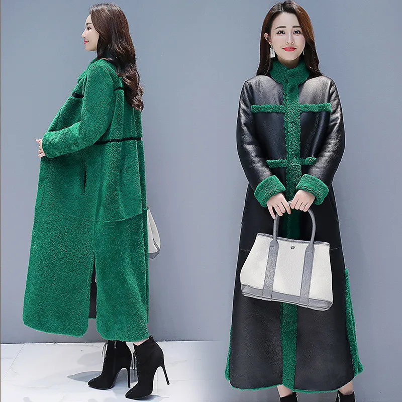Black Green Женское пальто из овечьей шерсти, новинка, зимнее пальто размера плюс, Свободное длинное меховое пальто, двухстороннее, замшевое пальто Maix, меховое пальто из искусственной кожи - Цвет: Black Green