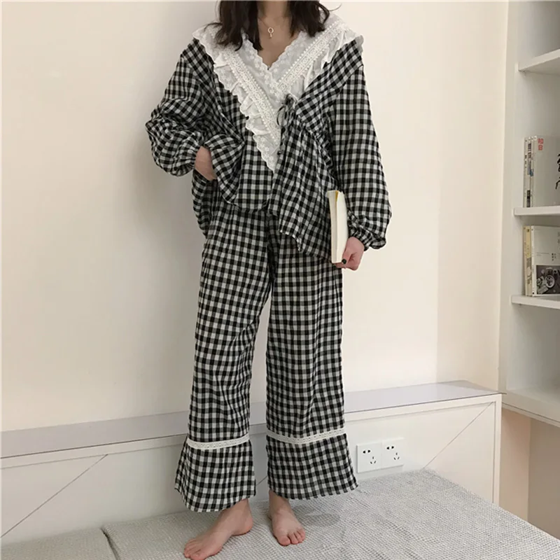 

Three-piece Suits Kimono Plaid Pajamas Women Lace Sweet Sexy Sling Sleepwear Gentle Loose Fresh Fashion Korean Home Clothes