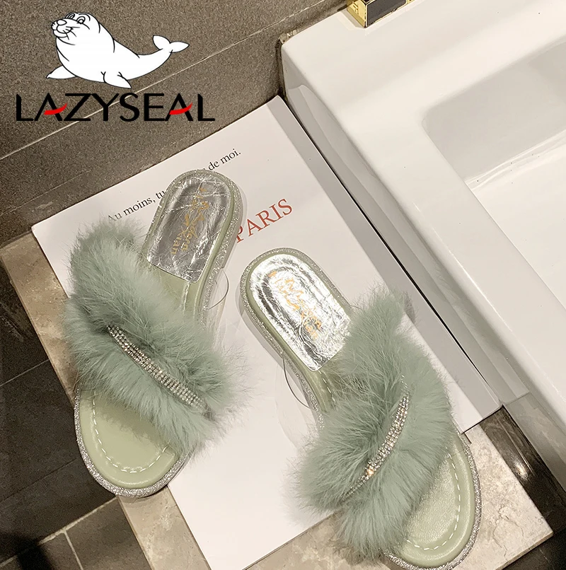 LazySeal/шикарная обувь для ювелирных изделий; женские тапочки из натурального меха; домашние теплые пушистые тапочки на плоской подошве; женские шлепанцы; вьетнамки