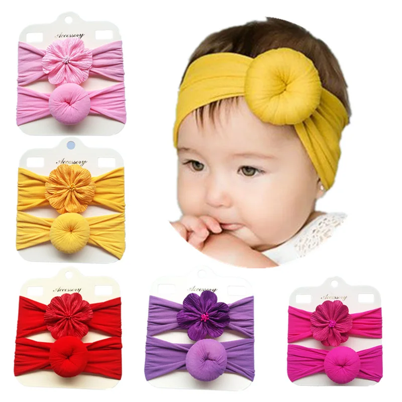 

2pcs/lot Boutique Fold Flower Nylon Elastic Headband Solid Color Donut Baby Girls Hairband Cute Kids Accessories Birthday Gifts