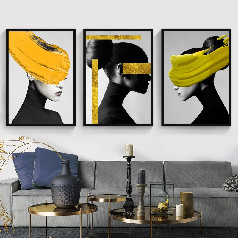 

Abstract Beauty Woman Wall Art Posters Black&white Lemon Yellow Gold Foil Canvas Painting Wall Pictures For Living Room Decor