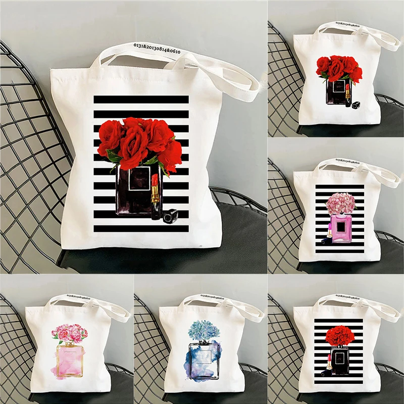 

Perfume Bottle Printed Canvas Handbag Top Perfume Large Capacity Shopping Bag Fashion Female Bag College Style Shoulder Bag