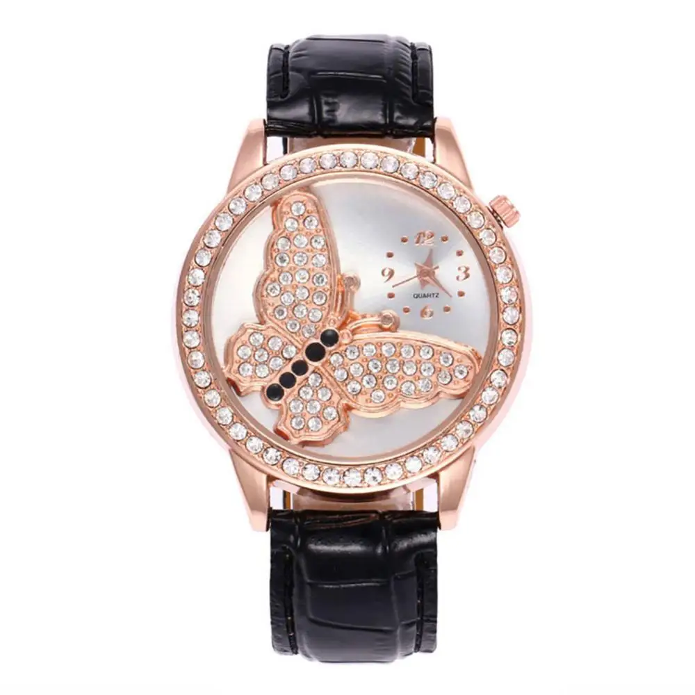 

Женские кварцевые наручные часы, круглые Аналоговые часы с бабочкой, стразы, ремешок из искусственной кожи, 40%