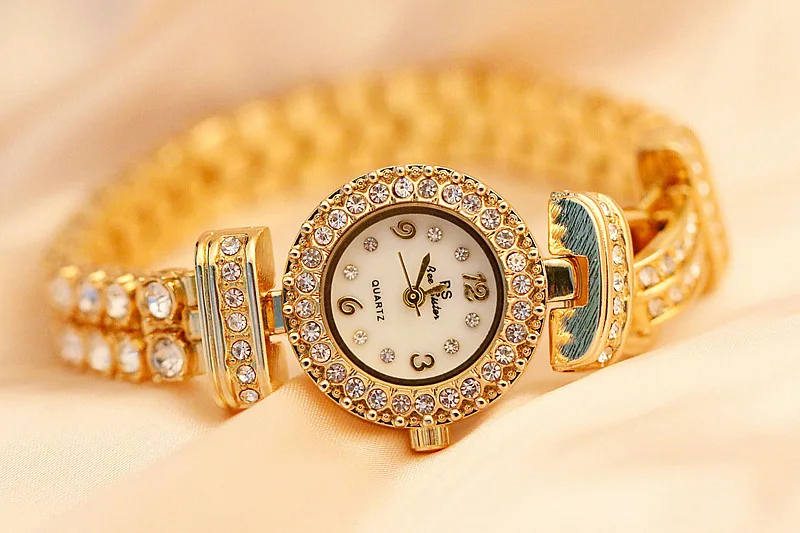 Женские наручные часы из нержавеющей стали золотые с кристаллами и бриллиантами