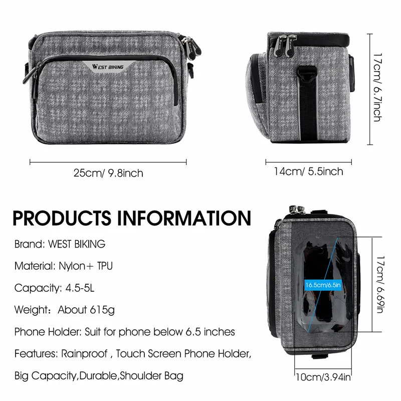 

WEST BIKING Multifunction Bike Handlebar Bag Cycling Touch Screen Phone Bags Travel Shoulder Bag MTB Road Bicycle Accessories