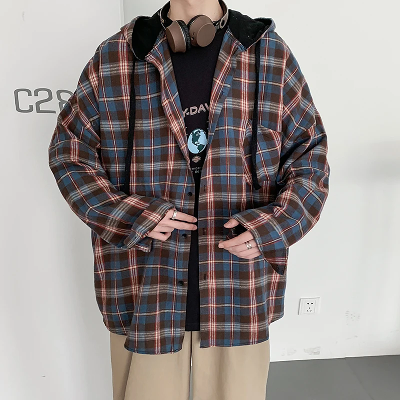 Шотландский мужской длинный рукав плед рубашки для мужчин с капюшоном рубашка