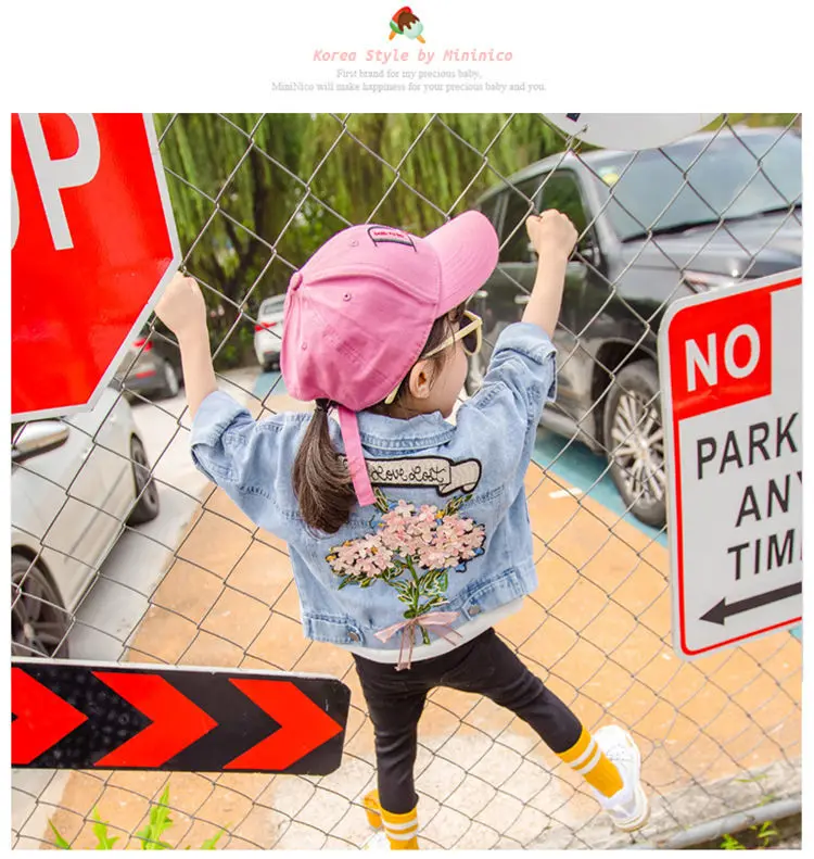 

Kids Denim Jackets for Girls Baby Flower Embroidery Coats Spring Children's Jackets Clothing Kids Outwear Ripped Jeans Jackets