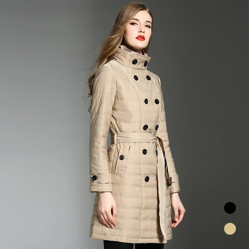 

England style double breasted cotten-padded coat Chic elegant belted parkas coats autumn winter overcoat women D545