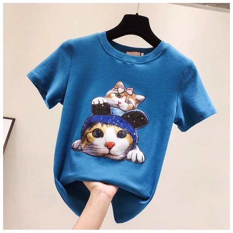 

New style women's short-sleeved T-shirt cotton 2020 summer new hot sequins handmade beaded cat pattern women's top