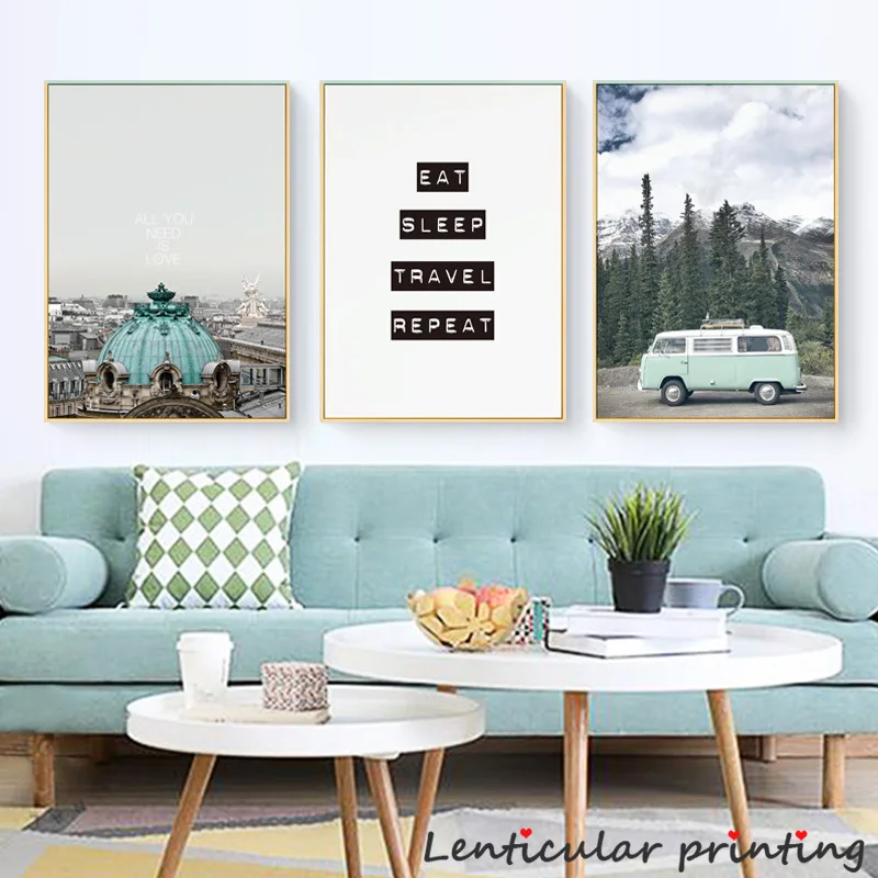 HD скандинавский цвет океан пляж и автобус плакат красивый пейзаж картина маслом