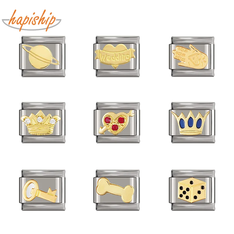 

Hapiship Popular Design Gold Key Crown CZ Planet Palm Bone Charm Links Fit 9mm Bracelet Stainless Steel Diy Making DJTop73