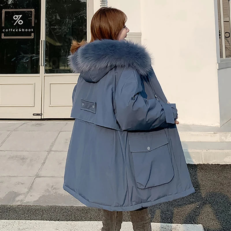 

Женская длинная куртка с капюшоном, облегающая однотонная парка с меховым воротником и большими карманами, верхняя одежда в Корейском стил...