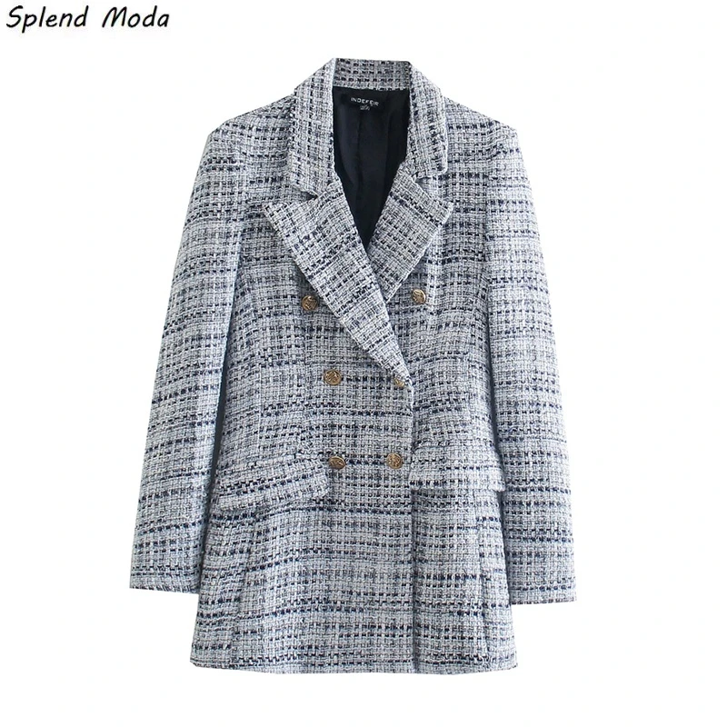 

Splend Moda Autumn Fashion Elegant Office Lady Double-Breasted Notched Collar Texture Tweed Straight Blazer Jacket Women Casual