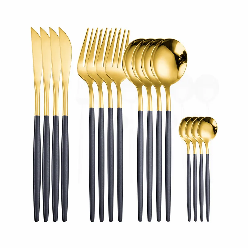 

16Pcs/set Black Cutlery Set Dinner Gold Dinnerware Set 18/10 Stainless Steel Knife Fork Spoon Kitchen Tableware Silverware Sets